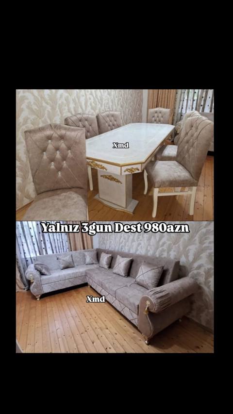 Xmd mebel dəsti - Komplekt: yemək masası + 6 ədəd stul, L-şəkilli — Жұмсақ жиһаз жинақтары