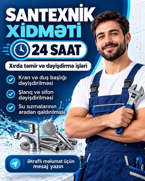 Santexnik xidməti – 24 saat Xırda təmir və dəyişdirmə işləri: - Kran — 20 ₼ · Bakı · Santexnika və kommunikasiyalar Santexnik xidməti – 24 saat Xırda təmir və dəyişdirmə işləri: - Kran — Bakı
