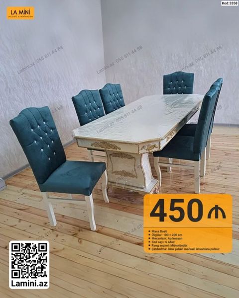 Masa dəsti - Tərkibi: Masa + 6 ədəd stul - Ölçülər (masa): 100 200 — 450 ₼ · Bakı · Masalar və stullar Masa dəsti - Tərkibi: Masa + 6 ədəd stul - Ölçülər (masa): 100 200 — Bakı