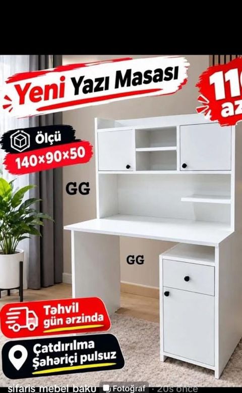 Yeni yazı masası - Ölçü: 140 90 50 sm - Rəng: ağ - Üst hissədə 2 — Bakı