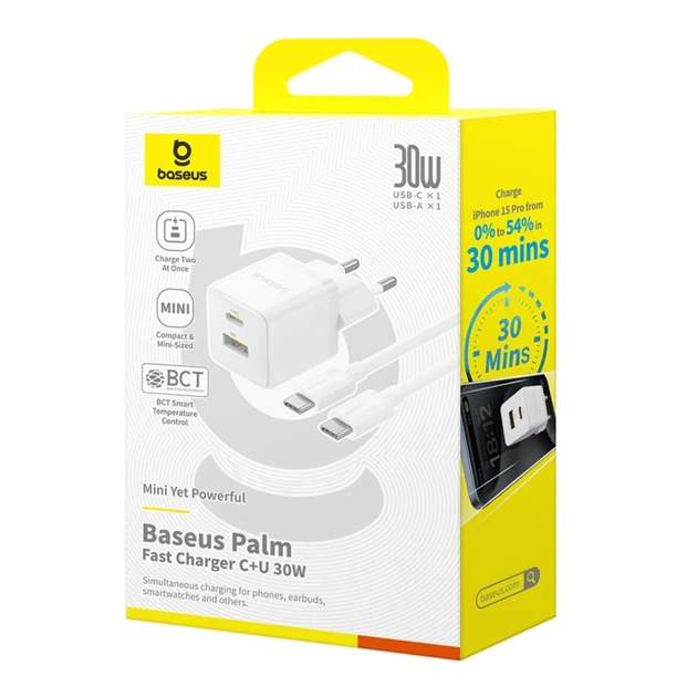 Baseus Palm 30W Adapter + 60W Type-C Kabel - Moon White — Şarj cihazları, Bakı (3)