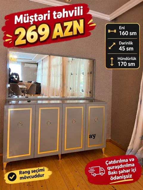 Qonaq otağı və ya yataq otağı üçün güzgülü komod. Ölçüləri: - Eni — Digah