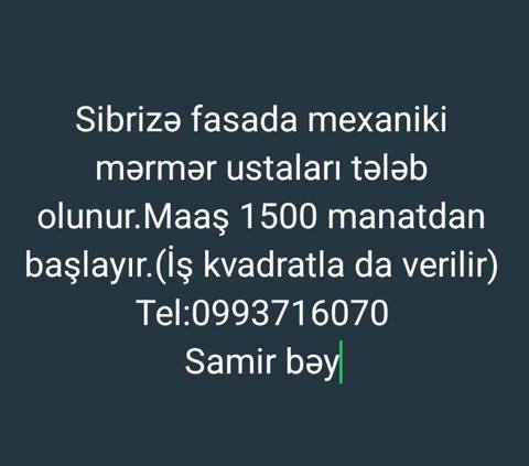 Sibrizə fasad işləri üçün mexaniki mərmər ustaları axtarılır. Vəzifə — Sumqayıt