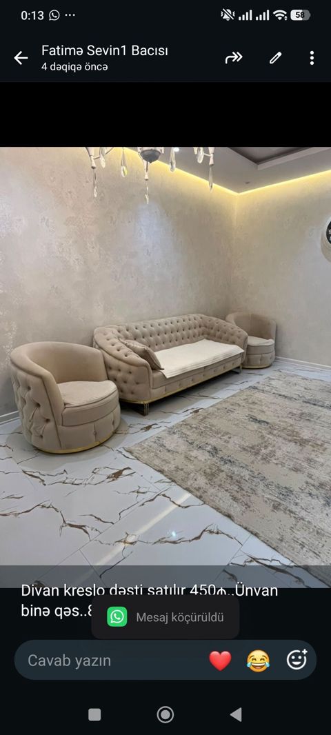 Divan kreslo dəsti satılır 450₼. Ünvan binə qəs. 8380. Fatimə99 — Aişə Xanım