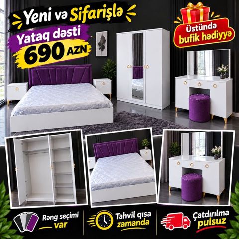 Yataq dəsti – 690 AZN Komplekt: - Çarpayı: yumşaq, bənövşəyi rəngli — ucuz.mebel