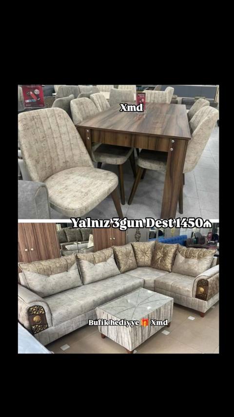Mebel dəsti – yemək masası və stul dəsti + künc divan və jurnal masası — Жұмсақ жиһаз жинақтары