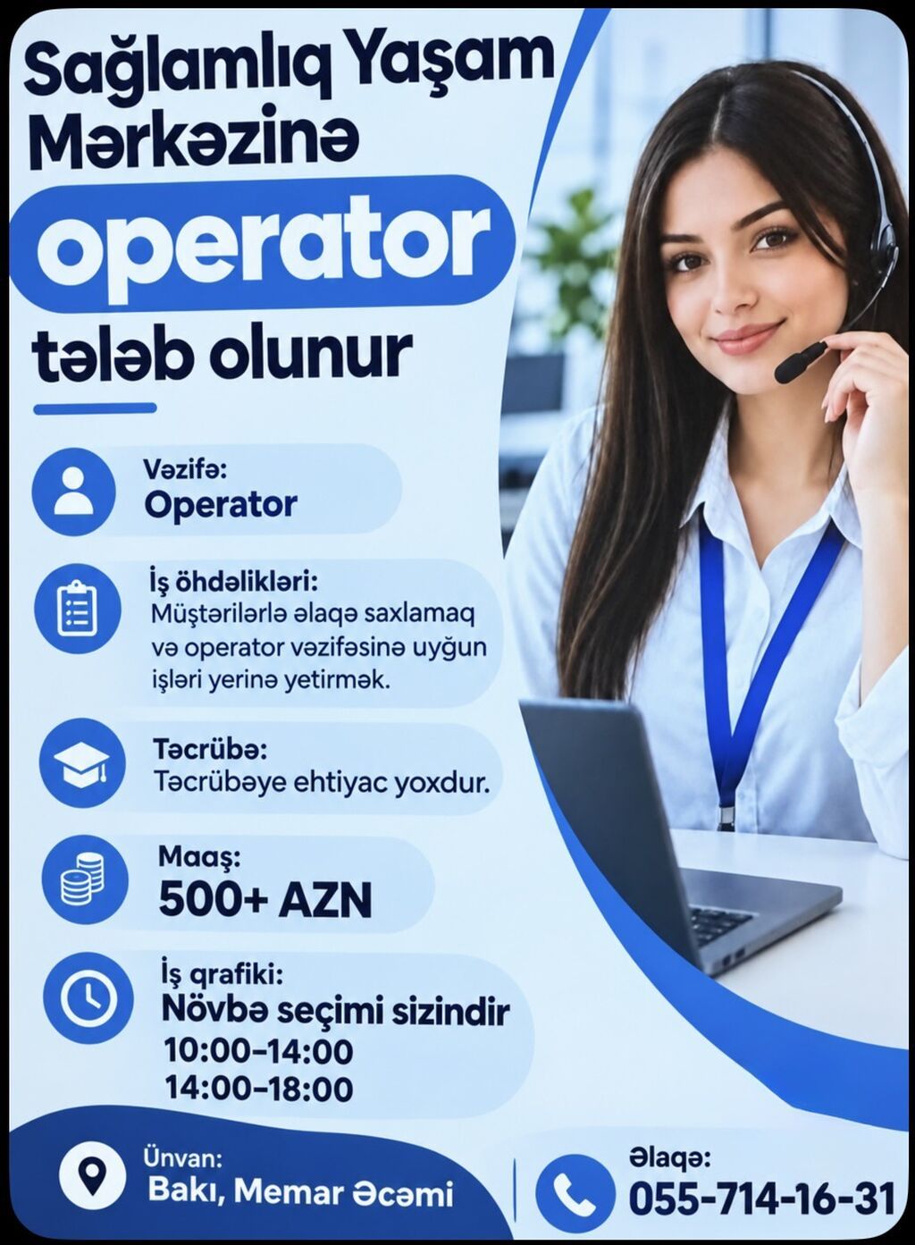 Yeni açılmış sağlamlıq mərkəzinə operator xanım və bəylər tələb olunur — Digər, Bakı