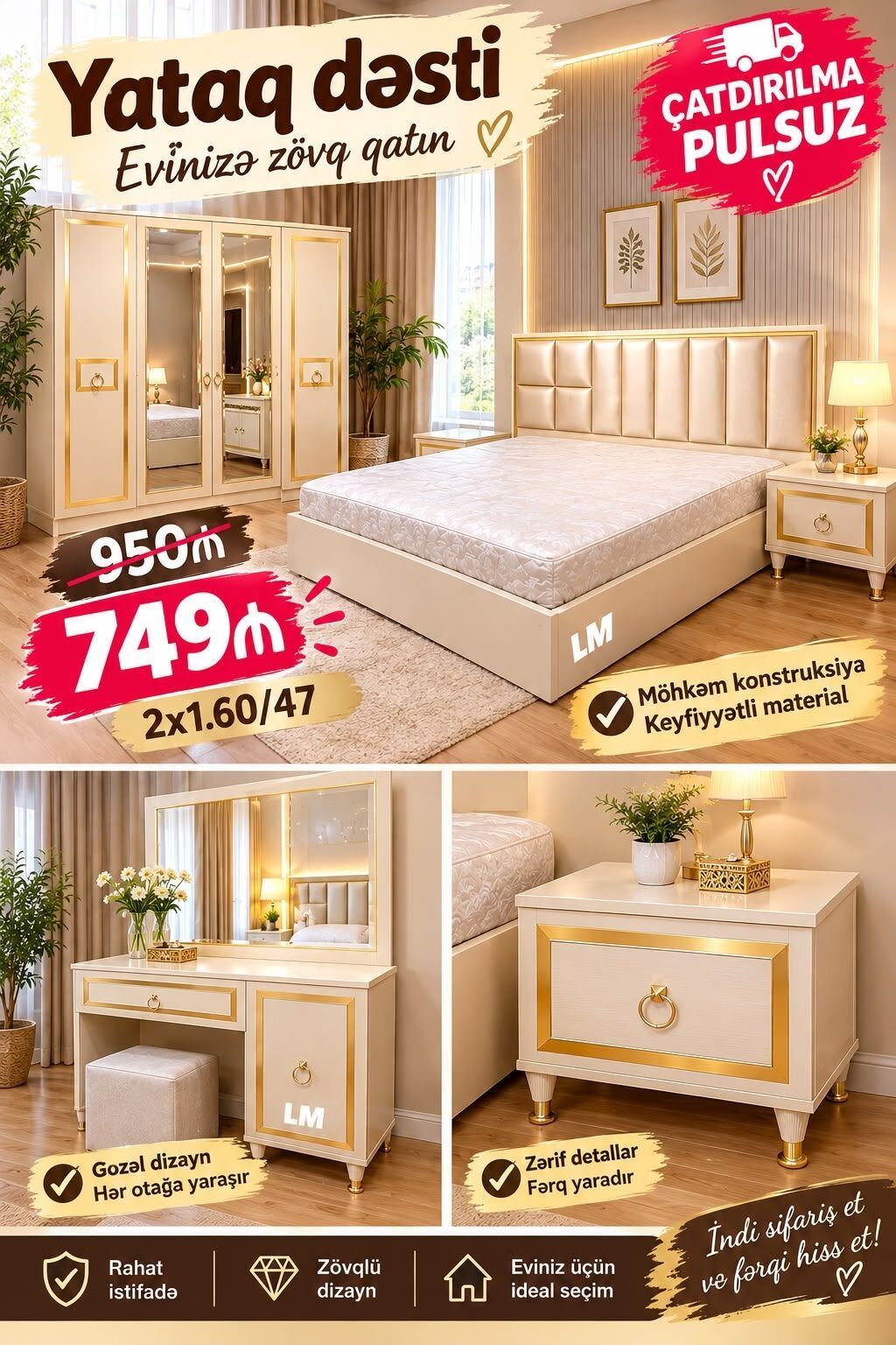 Yataq dəsti – evinizə zövq qatan klassik-lüks üslub Tərkibi: - Yumşaq — Yataq otağı mobilya dəstləri, Bakı