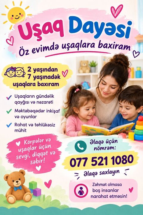 Uşaq dayəsi xidməti – öz evimdə peşəkar qayğı - 2–7 yaş arası — Saray