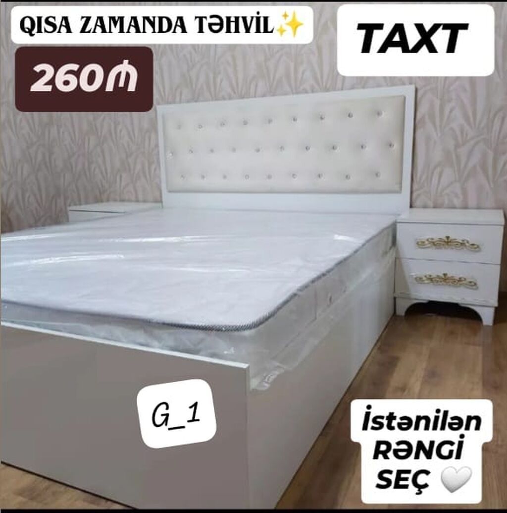 Ağ rəngli, modern dizaynlı taxt. - Yumşaq, düyməli başlıq (kapitone — Yataq otağı mobilya dəstləri, Sumqayıt