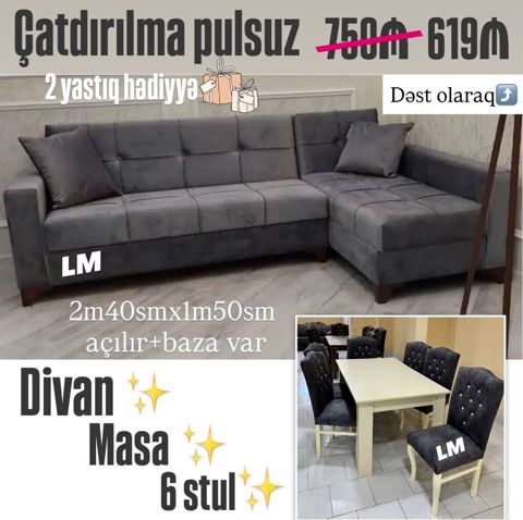*Divan+ Masa dəsti* Sifarişlə hazırlanır. Dəst şəkildə *619₼* — Bakı