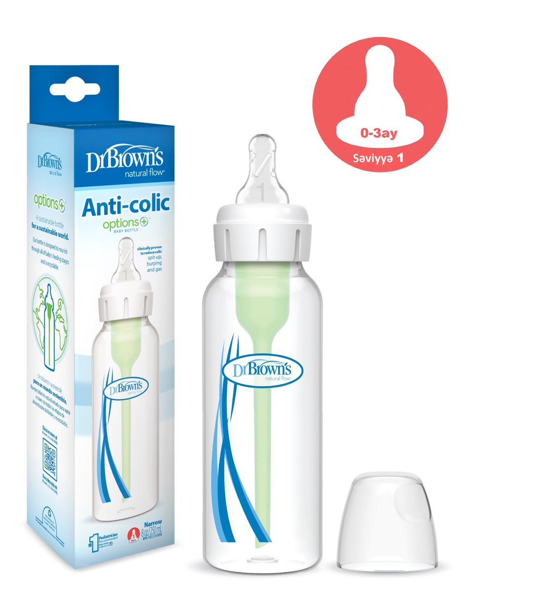 Darboğaz Polipropilen 250 ml səviyyə 1 (0-3ay)başlıq Dr.Brown's anti-colic butulka — Mallar, Bakı