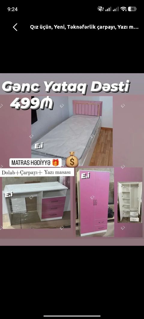 Gənc Yataq Dəsti – 499₼ Komplekt: - Tək nəfərlik çarpayı (başlığı — Digah