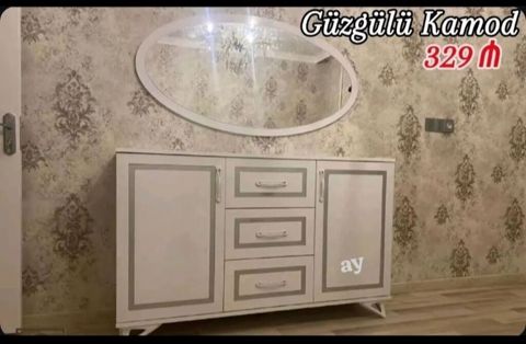 Güzgülü kamod – 329 - Rəng: ağ, boz çərçivə detalları ilə — Digah