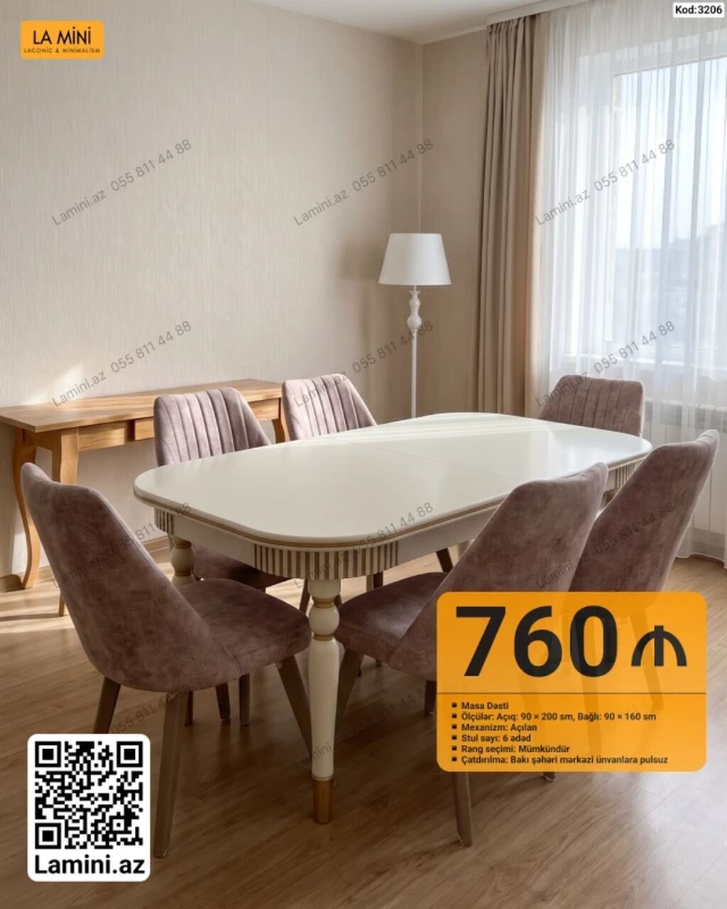 Masa dəsti – Kod: 3206 - Ölçülər: Açıq 90×200 sm, bağlı 90×160 sm — Masalar və stullar, Bakı