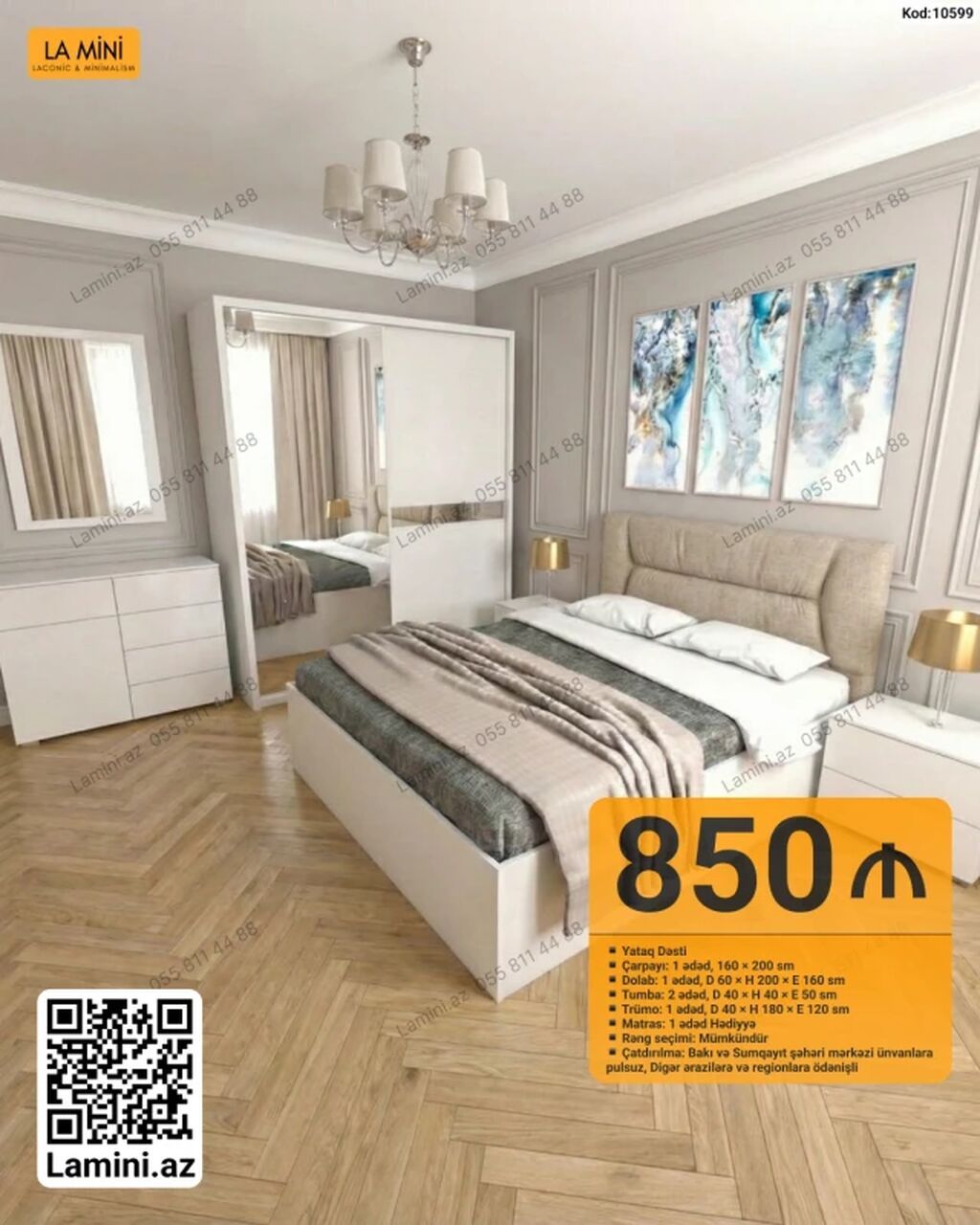 Yataq Dəsti – La Mini (Kod: 10599) Komplekt: - Çarpayı: 1 ədəd, 160 — Yataq otağı mobilya dəstləri, Bakı