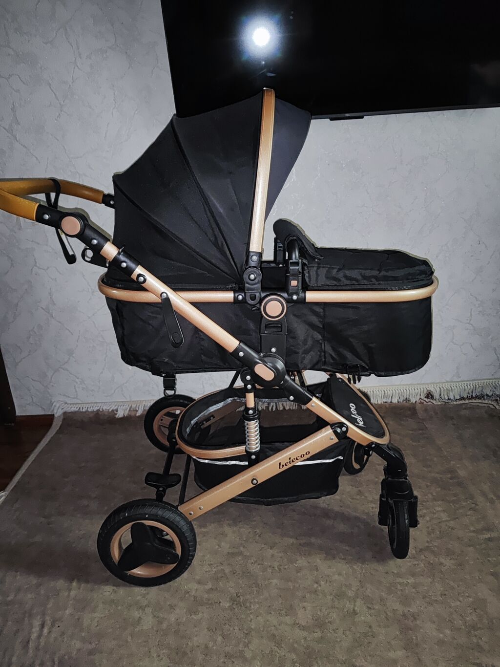 Uşaq arabası – Belecoo (qara/rəngli qızılı çərçivə) ön hissədə mini — Arabalalar, Digah
