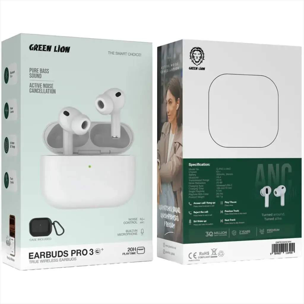 Green Lion Earbuds Pro 3 ANC - White — Simli qulaqlıqlar, Bakı (3)