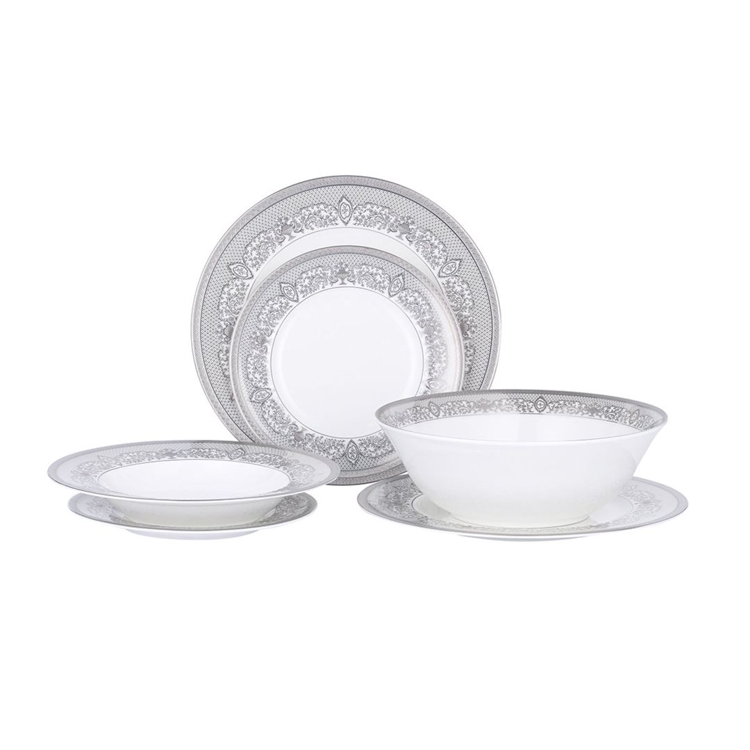 Stol servizi Gipfel Argento 40988 6 nəfərlik, 19 məhsul: yemək boşqabı 27sm, 6əd, qəlyanaltı boşqabı, 23sm, 6əd, şorba boşqabı, 23, 5sm, 6əd, salat üçün qab, 24sm, 1əd. Rəng: ağ gümüşü kant ilə. Material: premium farfor — Mallar, Bakı