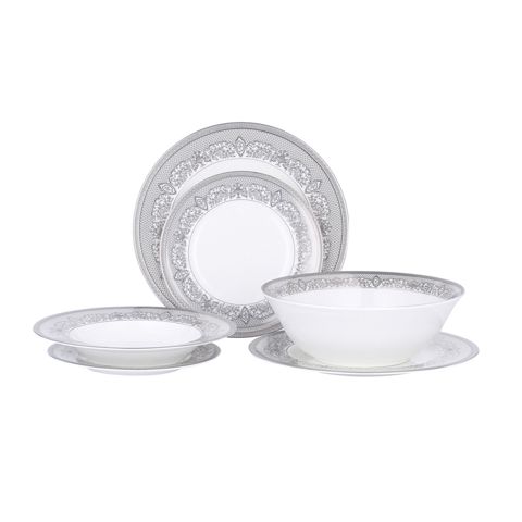 Stol servizi Gipfel Argento 40988 6 nəfərlik, 19 məhsul: yemək boşqabı 27sm, 6əd, qəlyanaltı boşqabı, 23sm, 6əd, şorba boşqabı, 23, 5sm, 6əd, salat üçün qab, 24sm, 1əd. Rəng: ağ gümüşü kant ilə. Material: premium farfor — Bakı