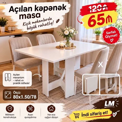 Açılan kəpənək masa – kiçik məkanlarda böyük rahatlıq Xüsusiyyətlər — Masazır