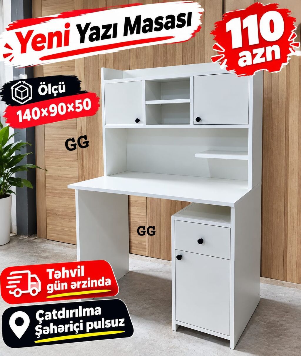 Yeni Yazı Masası Ölçü: 140 90 50 Rəng: ağ Üst modul: 2 — Kompüter masaları və kresloları, Sumqayıt