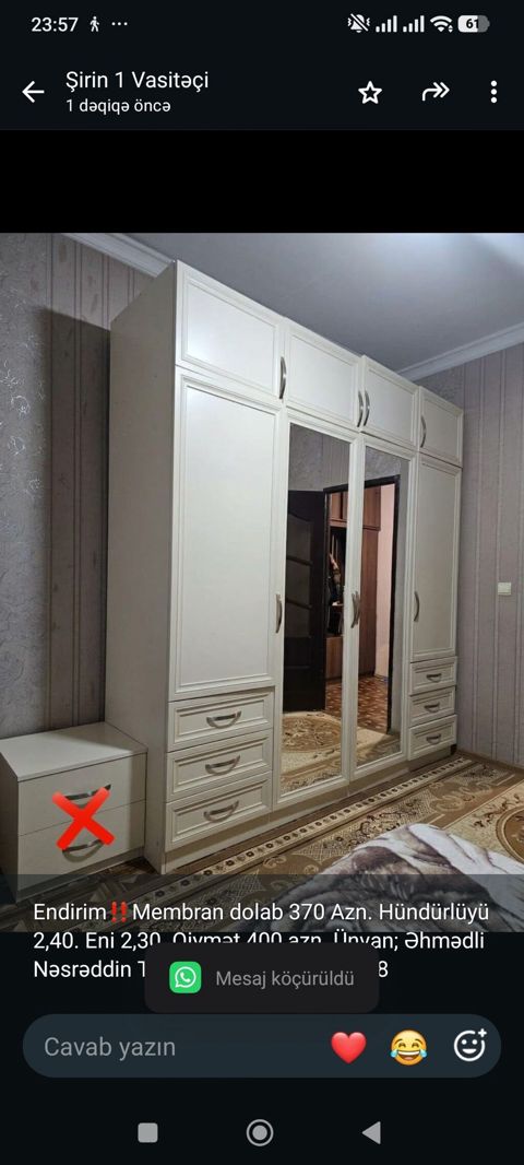 Endirim‼ Membran dolab 370 Azn. Hündürlüyü 2,40. Eni 2,30. Ünvan — Aişə Xanım
