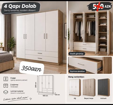 4 qapılı geyim dolabı – geniş saxlama, modern dizayn Xüsusiyyətlər — Digah
