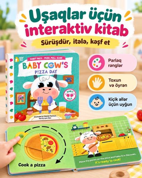 Interaktiv uşaq kitabı – Baby Cow’s Pizza Day - Push, pull, slide — Bakı