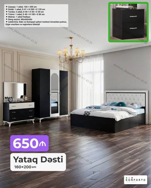Yataq dəsti – 160×200 sm Tərkib: - Çarpayı: 1 ədəd, 160×200 sm — Yotoqxona mebeli