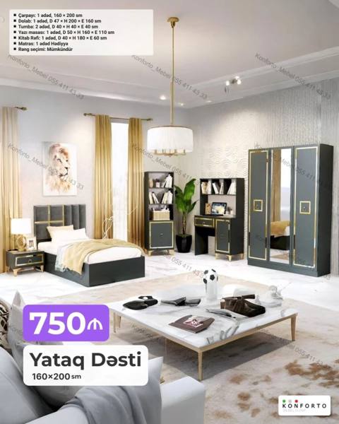 Yataq Dəsti – 160×200 sm Komplekt: - Çarpayı: 1 ədəd, 160×200 sm — Yotoqxona mebeli
