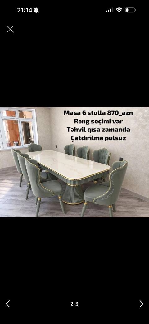 Masa və 6 stul dəsti – 870 AZN - Rəng seçimi mövcuddur - Təhvil qısa — 870 ₼ · Bakı · Masalar və stullar Masa və 6 stul dəsti – 870 AZN - Rəng seçimi mövcuddur - Təhvil qısa — Bakı