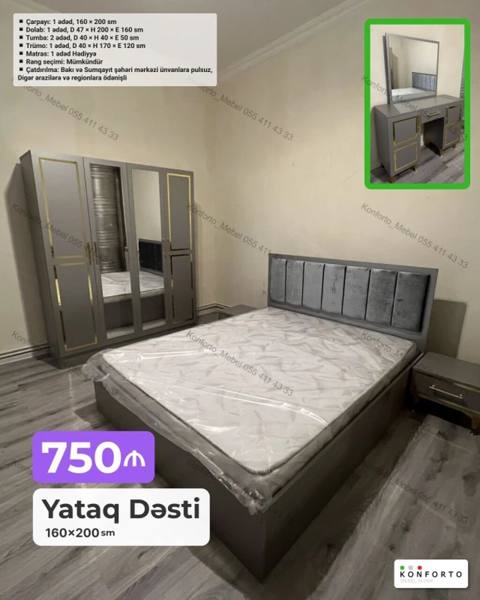 Yataq Dəsti – 160×200 sm Komplektin tərkibi və ölçülər: - Çarpayı: 1 — Bakı