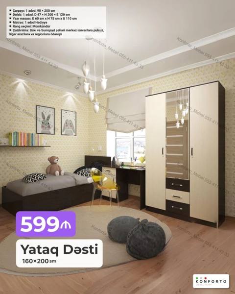 Yataq Dəsti – 160×200 sm Tərkib: - Çarpayı: 1 ədəd, 90×200 sm — 599 ₼ · Баку · Uşaq mebeli dəstləri Yataq Dəsti – 160×200 sm Tərkib: - Çarpayı: 1 ədəd, 90×200 sm — Баку