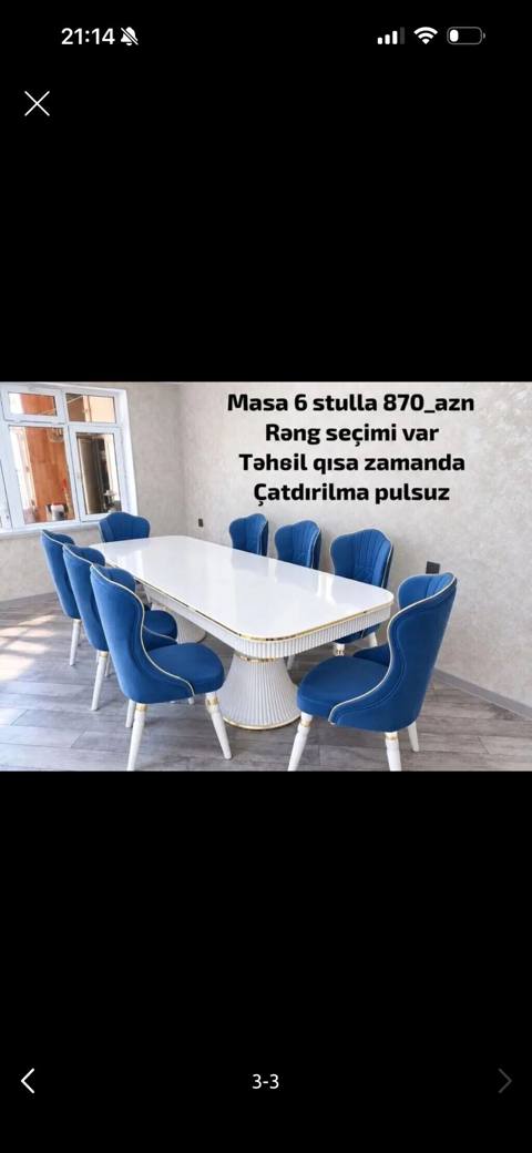 Masa və 6 stul dəsti - Komplekt: 1 ədəd yemək masası + 6 ədəd stul — 870 ₼ · Bakı · Masalar və stullar Masa və 6 stul dəsti - Komplekt: 1 ədəd yemək masası + 6 ədəd stul — Bakı