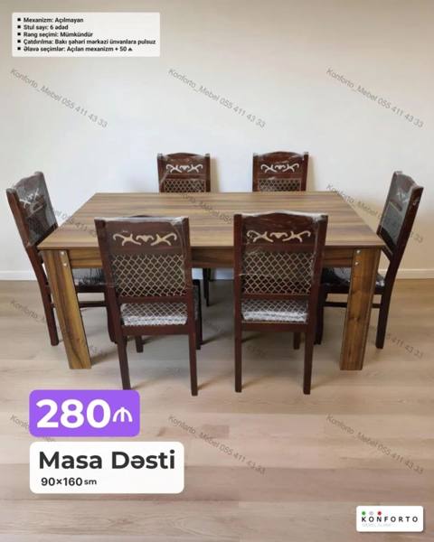 Masa Dəsti – 90×160 sm - Dəst: Masa + 6 ədəd stul - Mexanizm — Stollar va stullar