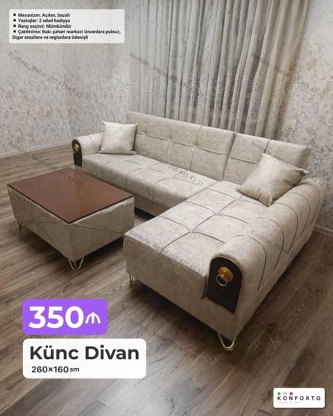 Künc Divan – 260×160 sm - Mexanizm: açılan, bazalı (alt hissədə geniş — Bakı