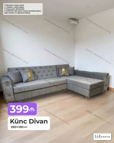 Künc divan – 260×160 sm Qiymət: 399 - Mexanizm: Açılan, bazalı — Mebel