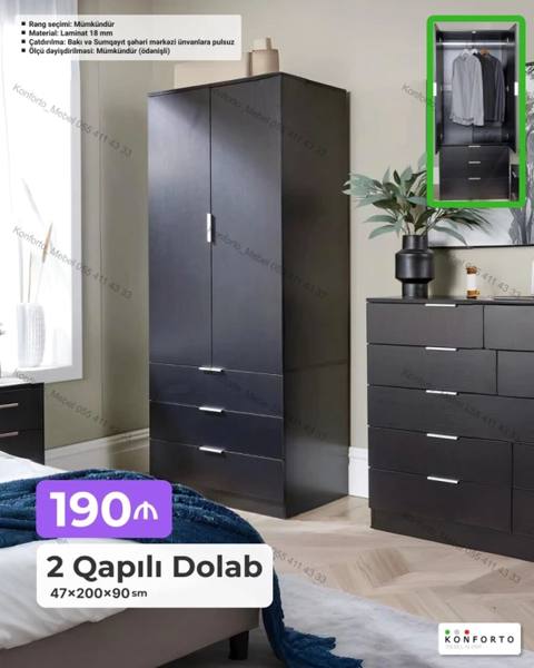 2 qapılı geyim dolabı – 47×200×90 sm - Material: 18 mm laminat - Rəng — Bakı