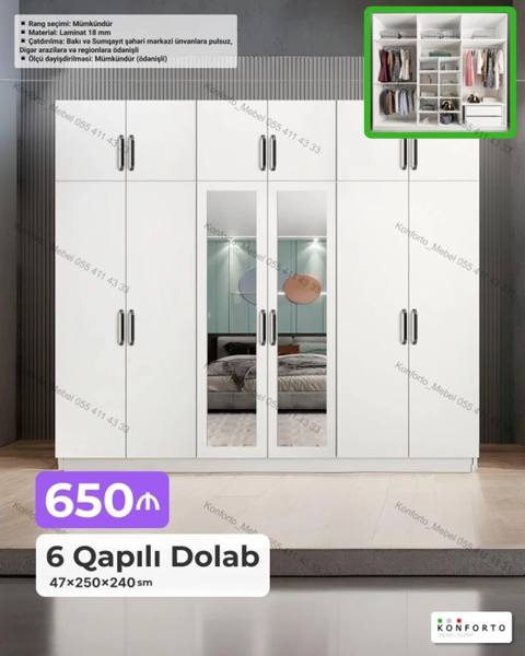 6 qapılı dolab – 47×250×240 sm - Rəng seçimi: mümkündür - Material — Bakı