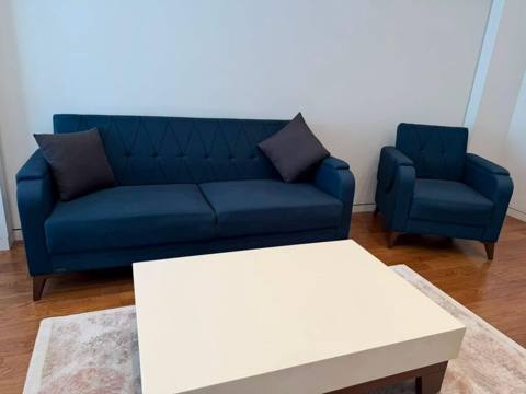 ZB divan + 1 kreslo dəsti - Rəng: tünd göy, albalı rəngli taxta — 150 ₼ · Bakı · Yumşaq mobilya dəstləri ZB divan + 1 kreslo dəsti - Rəng: tünd göy, albalı rəngli taxta — Bakı
