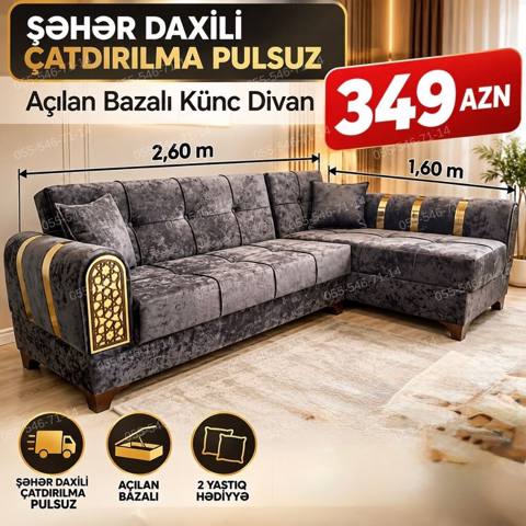 Açılan bazalı künc divan - Ölçülər: 2,60 m x 1,60 m - Mexanizm — Bakı