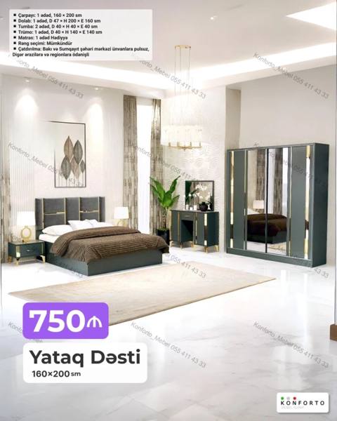 Yataq Dəsti – 160×200 sm Komplekt: - Çarpayı: 1 ədəd, 160×200 sm — Bakı