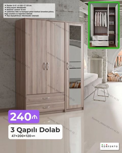 3 qapılı geyim dolabı – 47×200×120 sm - Ölçülər: Dərinlik 47 sm — Bakı