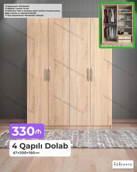 4 qapılı geyim dolabı - Ölçü: 47×200×160 sm - Material: 18 mm laminat — Bakı