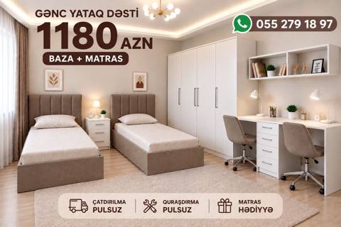 Gənc yataq dəsti – baza + matras daxil Komplektin tərkibi: - 2 ədəd — 1 180 ₼ · Bakı · Uşaq mebeli dəstləri Gənc yataq dəsti – baza + matras daxil Komplektin tərkibi: - 2 ədəd — Bakı