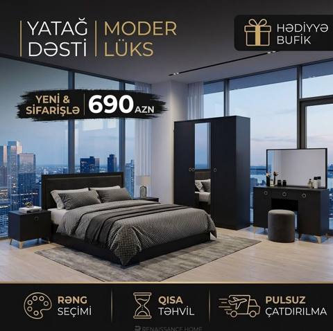 Modern lüks yataq dəsti – şəhər mənzillərinə uyğun minimalist dizayn — Уктоочу бөлмө эмереги