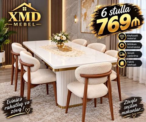 XMD Mebel – yemək masası dəsti - Dəst: yemək masası + 6 ədəd stul — ucuz.mebel