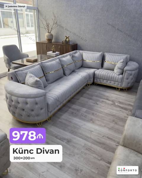Künc Divan – 300×200 sm - Rəng: Açıq boz - Dizayn: Kapitone işləməli — Bakı