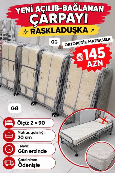 Yeni açılıb‑bağlanan çarpayı (raskladuşka) – ortopedik matrasla — Bakı